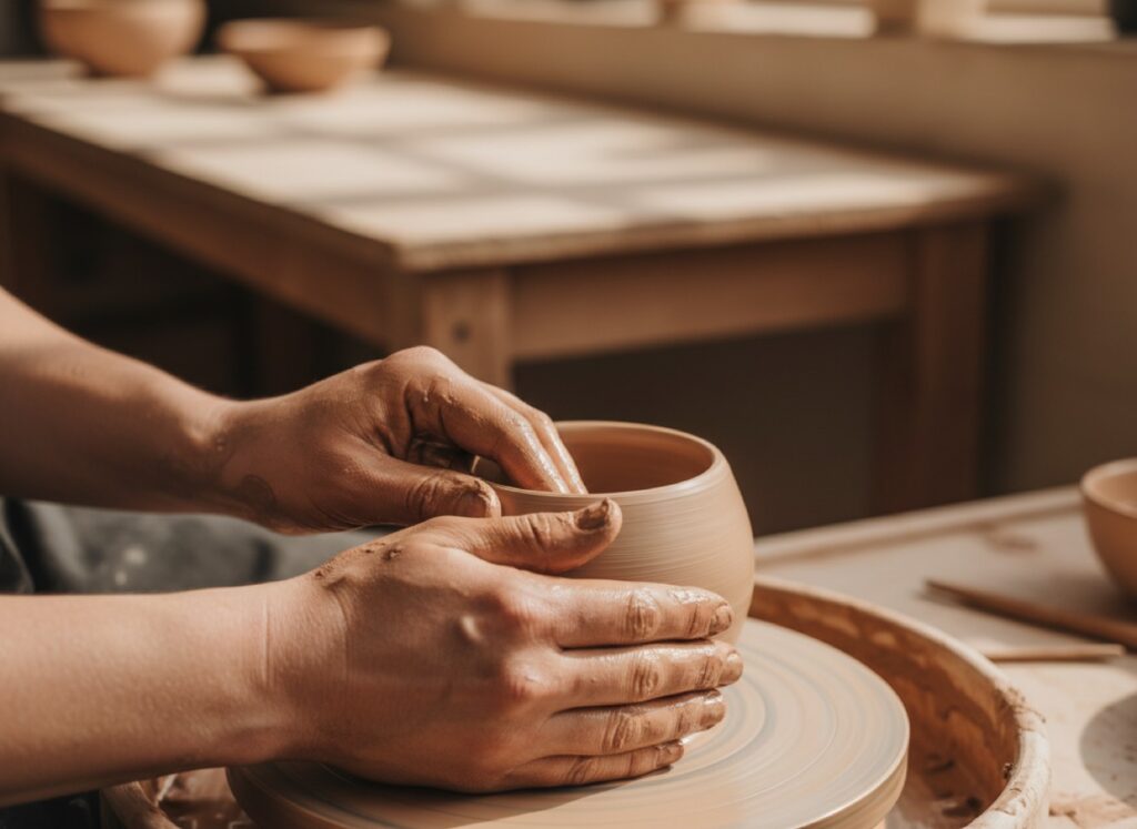 Hands shaping a bowl on the pottery wheel