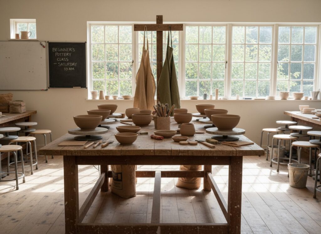 The workshop table set for a beginner class
